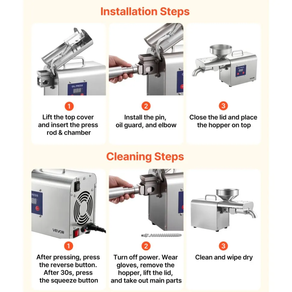 VEVOR Oil Press Machine, 8.27 LBS/H Capacity, 750W Oil Extractor Machine, Automatic Electric Oil Maker for Home Commercial Use, 122℉–572℉ Hot Pressing for Peanuts Sesames Soybeans Almonds