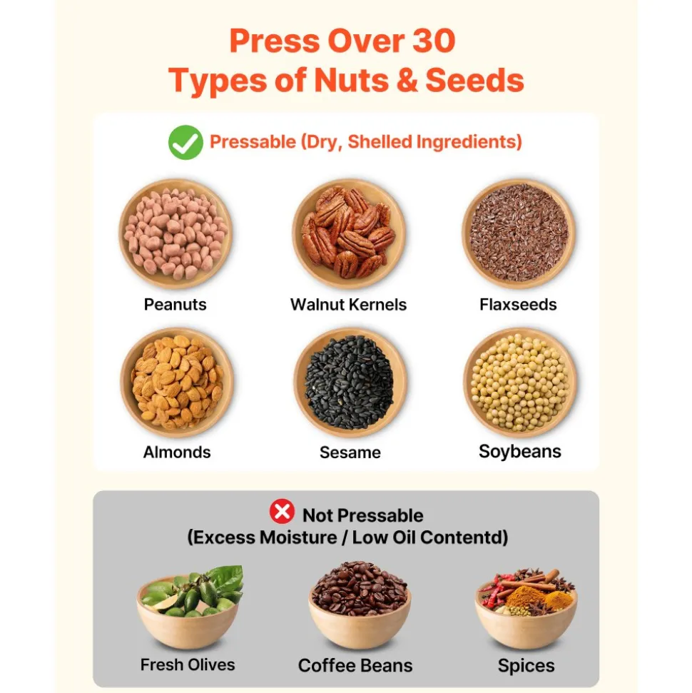VEVOR Oil Press Machine, 8.27 LBS/H Capacity, 750W Oil Extractor Machine, Automatic Electric Oil Maker for Home Commercial Use, 122℉–572℉ Hot Pressing for Peanuts Sesames Soybeans Almonds