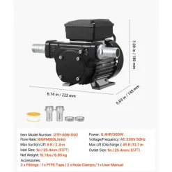 VEVOR Oil Transfer Pump 110V, 16 GPM 60 L/min, AC Electric Fuel Transfer Pump for Diesel Kerosene Biodiesel, 8 ft/2.4 m Max Suction Lift, 45 ft/13.7 m Max Lift, for Vehicles, Construction Sites, Farms