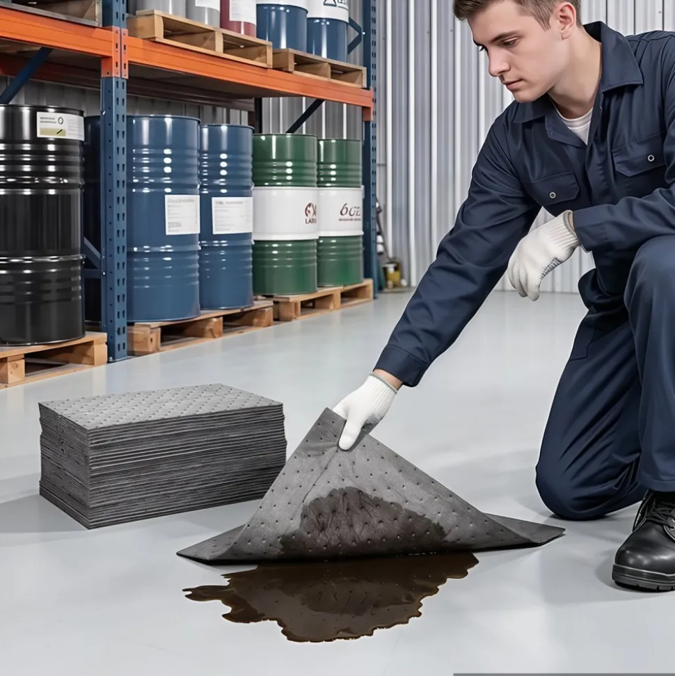 VEVOR Oil & Water Absorbent Pads, 13" x 10" 100-Pack, Heavy-Duty Spill Absorbing Pads, Universal for Gasoline/Engine Oil/Water/Coolant, Durable PP Spill Control Mats for Garage Workshop Factory
