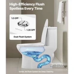 VEVOR One-Piece Toilet, Elongated Toilet Vortex Dual-Flush 1.0/1.28 GPF, Toilets for Bathroom with Comfortable Chair Seat, Standard Height, 12 inch Rough-In, White + Silver, Easy-Clean Skirted Design