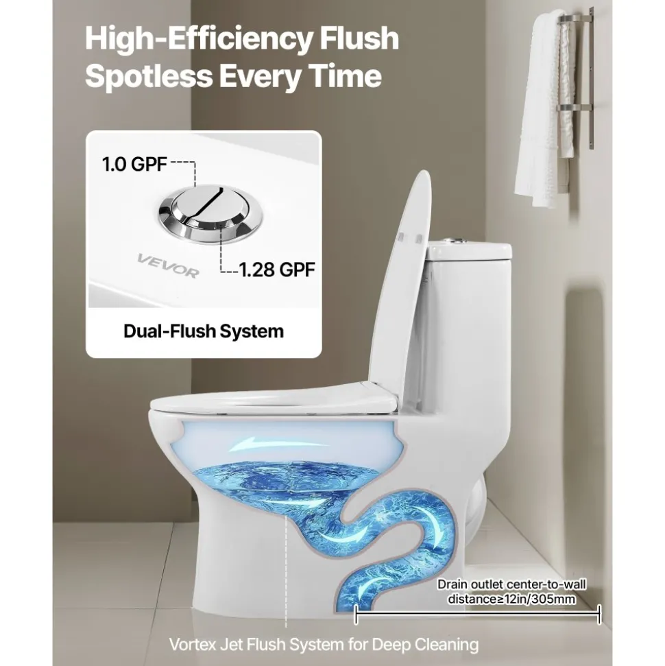 VEVOR One-Piece Toilet, Elongated Toilet Vortex Dual-Flush 1.0/1.28 GPF, Toilets for Bathroom with Comfortable Chair Seat, Standard Height, 12 inch Rough-In, White + Silver, Easy-Clean Skirted Design