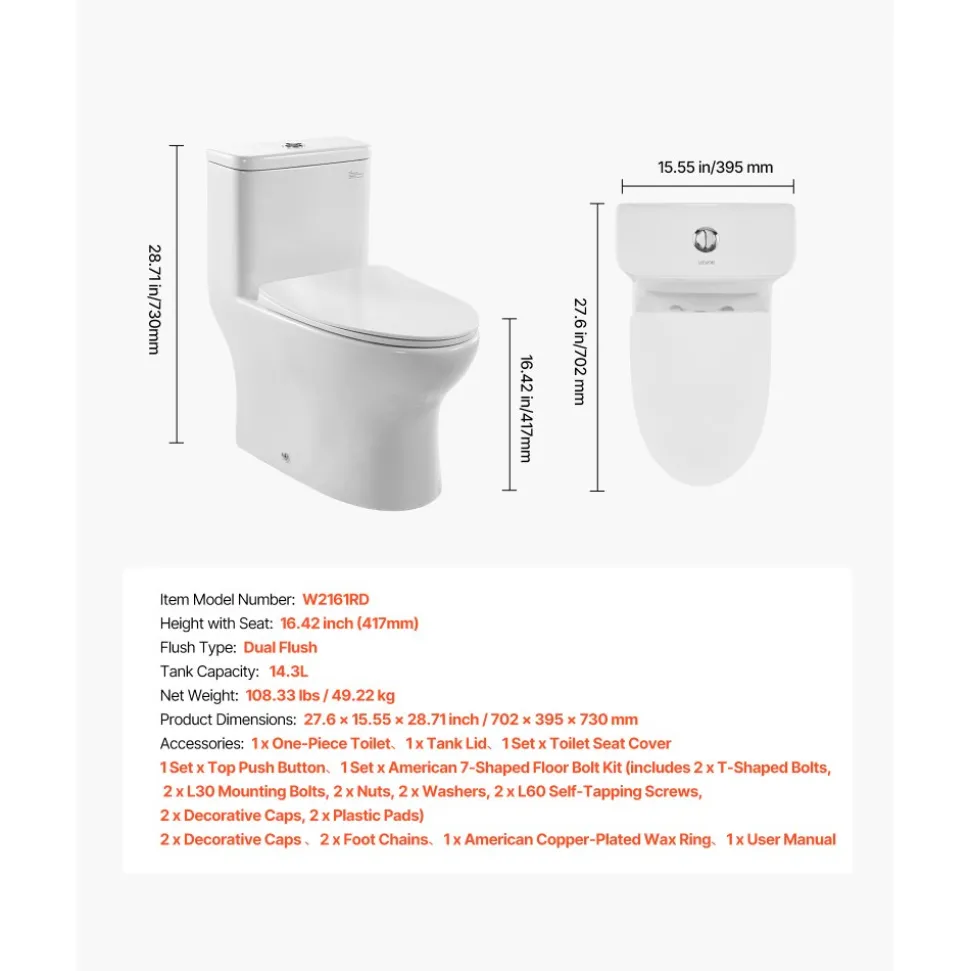 VEVOR One-Piece Toilet, Elongated Toilet Vortex Dual-Flush 1.0/1.28 GPF, Toilets for Bathroom with Comfortable Chair Seat, Standard Height, 12 inch Rough-In, White + Silver, Easy-Clean Skirted Design