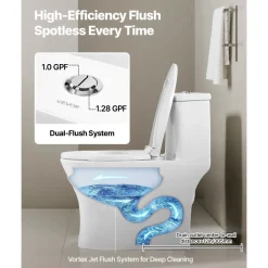 VEVOR One-Piece Toilet, Elongated Toilet Vortex Dual-Flush 1.0/1.28 GPF, Toilets for Bathroom with Comfortable Chair Seat, Standard Height, Easy-Clean Skirted Design, 12 inch Rough-In, White + Black