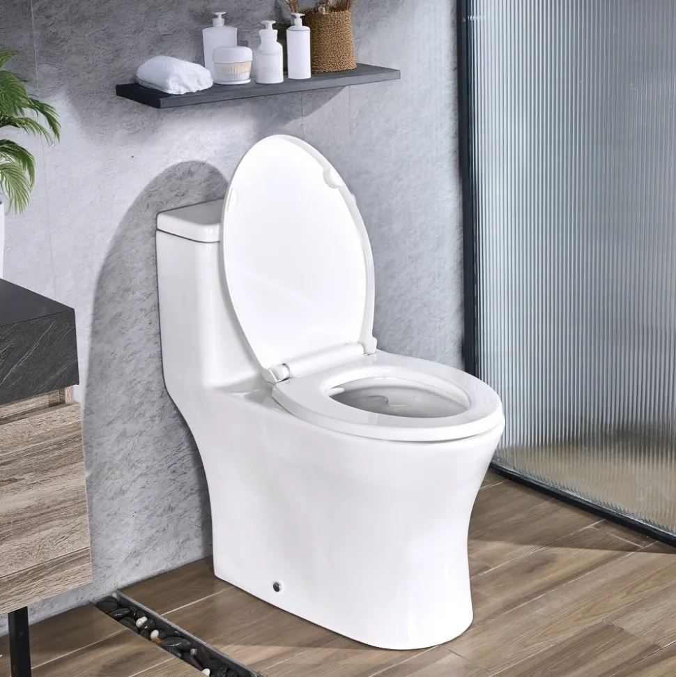 VEVOR One-Piece Toilet, Elongated Toilet Vortex Dual-Flush 1.0/1.28 GPF, Toilets for Bathroom with Comfortable Chair Seat, Standard Height, Easy-Clean Skirted Design, 12 inch Rough-In, White + Silver