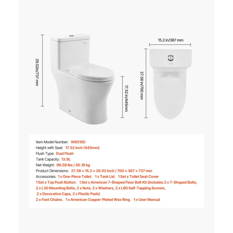 VEVOR One-Piece Toilet, Elongated Toilet Vortex Dual-Flush 1.0/1.28 GPF, Toilets for Bathroom with Comfortable Chair Seat, Standard Height, Easy-Clean Skirted Design, 12 inch Rough-In, White + Silver