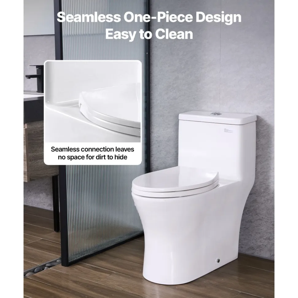 VEVOR One-Piece Toilet, Elongated Toilet Vortex Dual-Flush 1.0/1.28 GPF, Toilets for Bathroom with Comfortable Chair Seat, Standard Height, Easy-Clean Skirted Design, 12 inch Rough-In, White + Silver