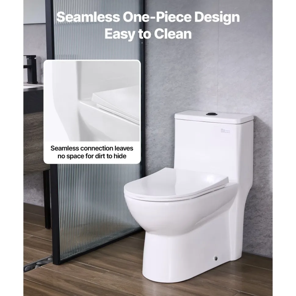 VEVOR One-Piece Toilet, Elongated Toilet Vortex Dual-Flush 1.1/1.6 GPF, Toilets for Bathroom with Comfortable Chair Seat, 12 inch Rough-In, Black + White, Easy-Clean Skirted Design, Standard Height