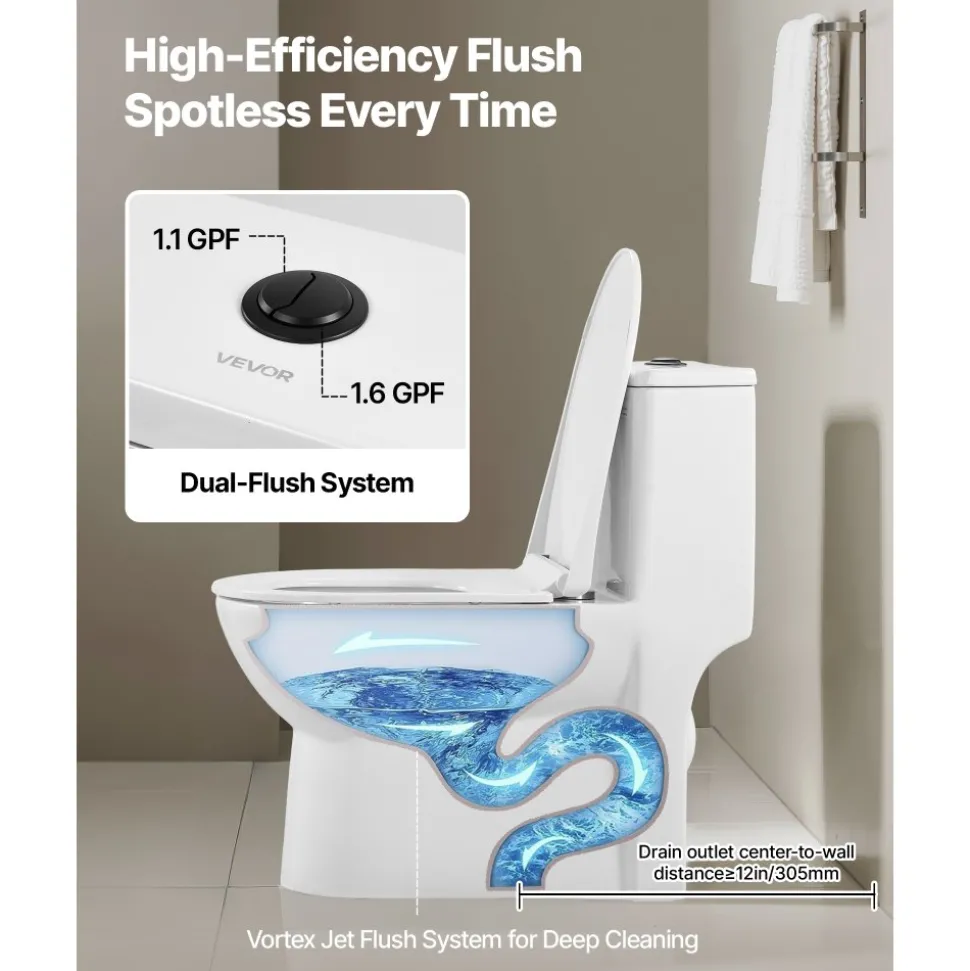 VEVOR One-Piece Toilet, Elongated Toilet Vortex Dual-Flush 1.1/1.6 GPF, Toilets for Bathroom with Comfortable Chair Seat, 12 inch Rough-In, Black + White, Easy-Clean Skirted Design, Standard Height