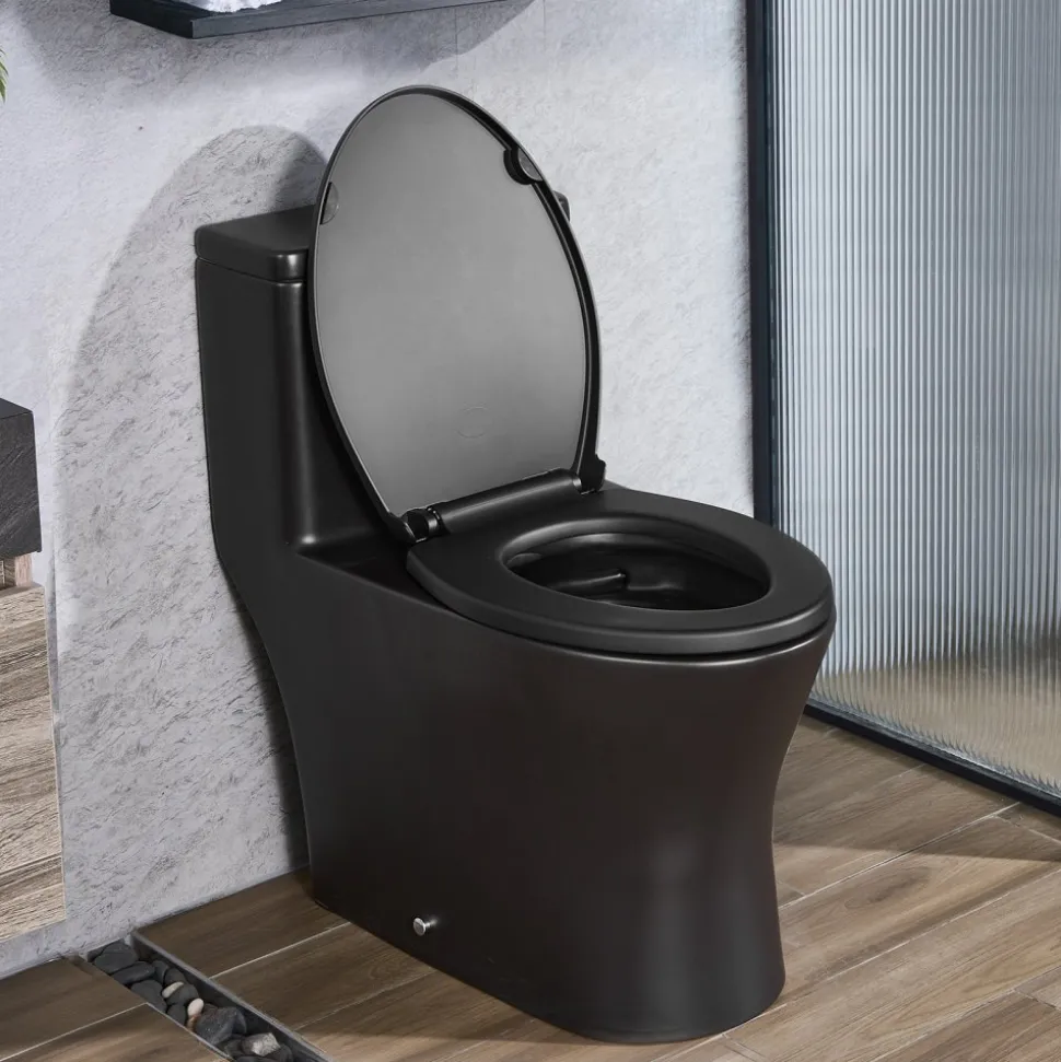 VEVOR One-Piece Toilet, Elongated Toilet Vortex Dual-Flush 1.0/1.28 GPF, Toilets for Bathroom with Comfortable Chair Seat, Standard Height, Easy-Clean Skirted Design, 12 inch Rough-In, Black + Silver