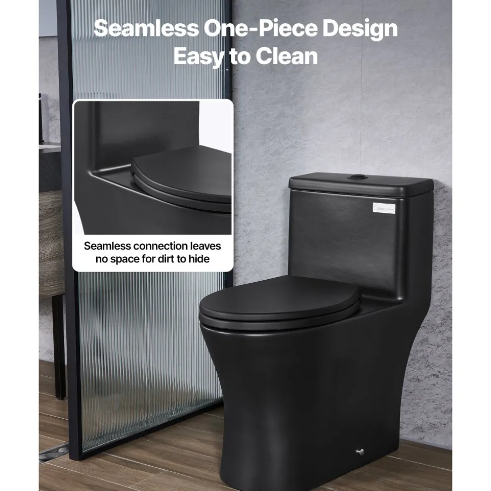 VEVOR One-Piece Toilet, Elongated Toilet Vortex Dual-Flush 1.0/1.28 GPF, Toilets for Bathroom with Comfortable Chair Seat, Standard Height, Easy-Clean Skirted Design, 12 inch Rough-In, Black + Silver