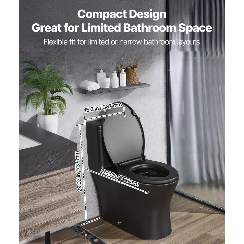 VEVOR One-Piece Toilet, Elongated Toilet Vortex Dual-Flush 1.0/1.28 GPF, Toilets for Bathroom with Comfortable Chair Seat, Standard Height, Easy-Clean Skirted Design, 12 inch Rough-In, Black + Silver