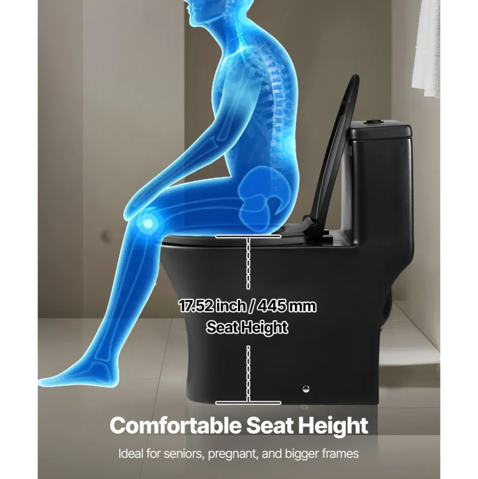 VEVOR One-Piece Toilet, Elongated Toilet Vortex Dual-Flush 1.0/1.28 GPF, Toilets for Bathroom with Comfortable Chair Seat, Standard Height, Easy-Clean Skirted Design, 12 inch Rough-In, Black + Silver
