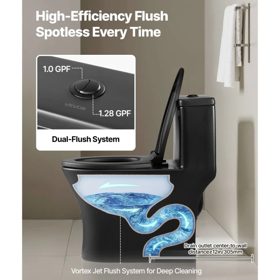 VEVOR One-Piece Toilet, Elongated Toilet Vortex Dual-Flush 1.0/1.28 GPF, Toilets for Bathroom with Comfortable Chair Seat, Standard Height, Easy-Clean Skirted Design, 12 inch Rough-In, Black + Silver