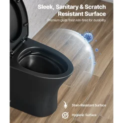 VEVOR One-Piece Toilet, Elongated Toilet Vortex Dual-Flush 1.0/1.28 GPF, Toilets for Bathroom with Comfortable Chair Seat, Standard Height, Easy-Clean Skirted Design, 12 inch Rough-In, Black + Silver