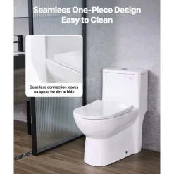 VEVOR One-Piece Toilet, Elongated Toilet Vortex Dual-Flush 1.1/1.6 GPF, Toilets for Bathroom with Comfortable Chair Seat, Standard Height, Easy-Clean Skirted Design, 12 inch Rough-In, White + Silver
