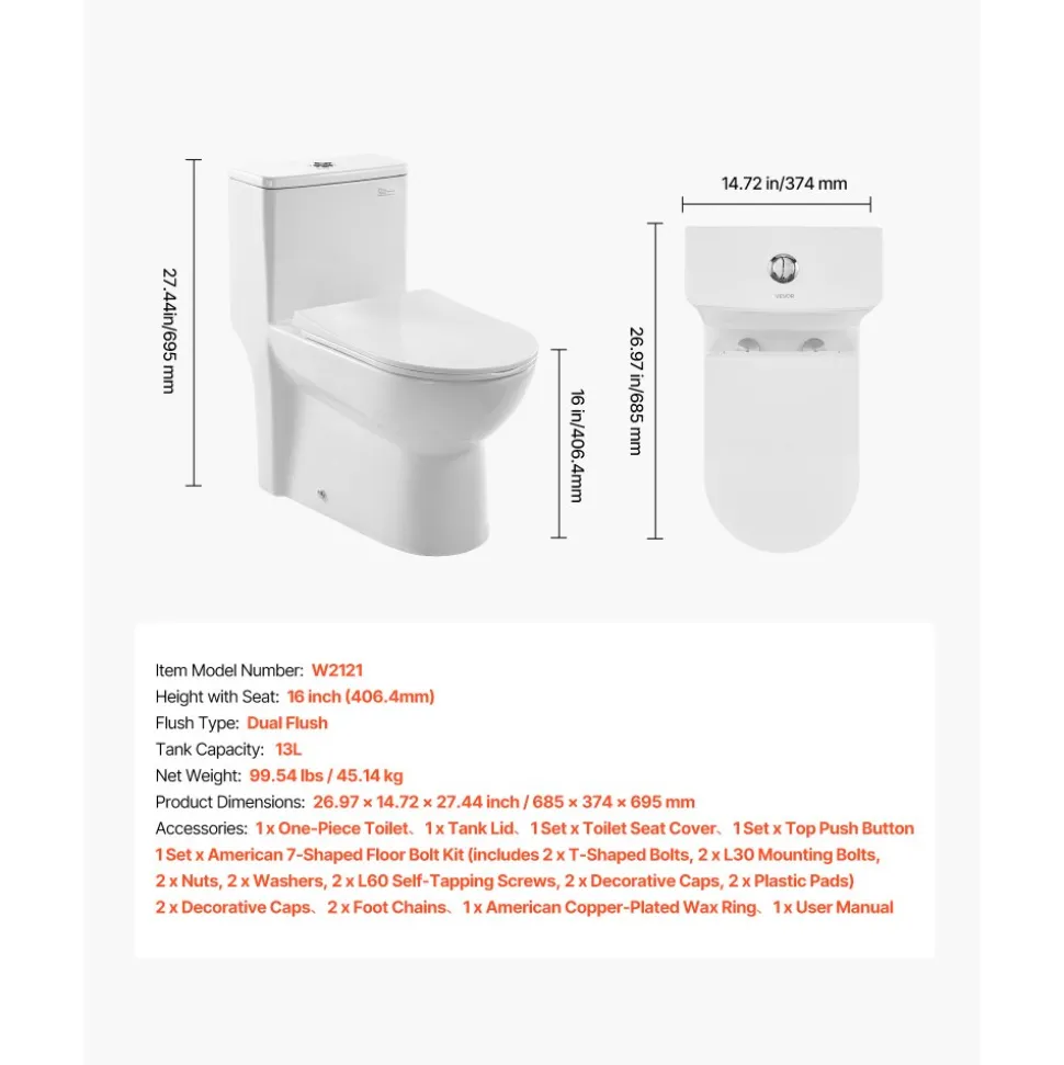 VEVOR One-Piece Toilet, Elongated Toilet Vortex Dual-Flush 1.1/1.6 GPF, Toilets for Bathroom with Comfortable Chair Seat, Standard Height, Easy-Clean Skirted Design, 12 inch Rough-In, White + Silver