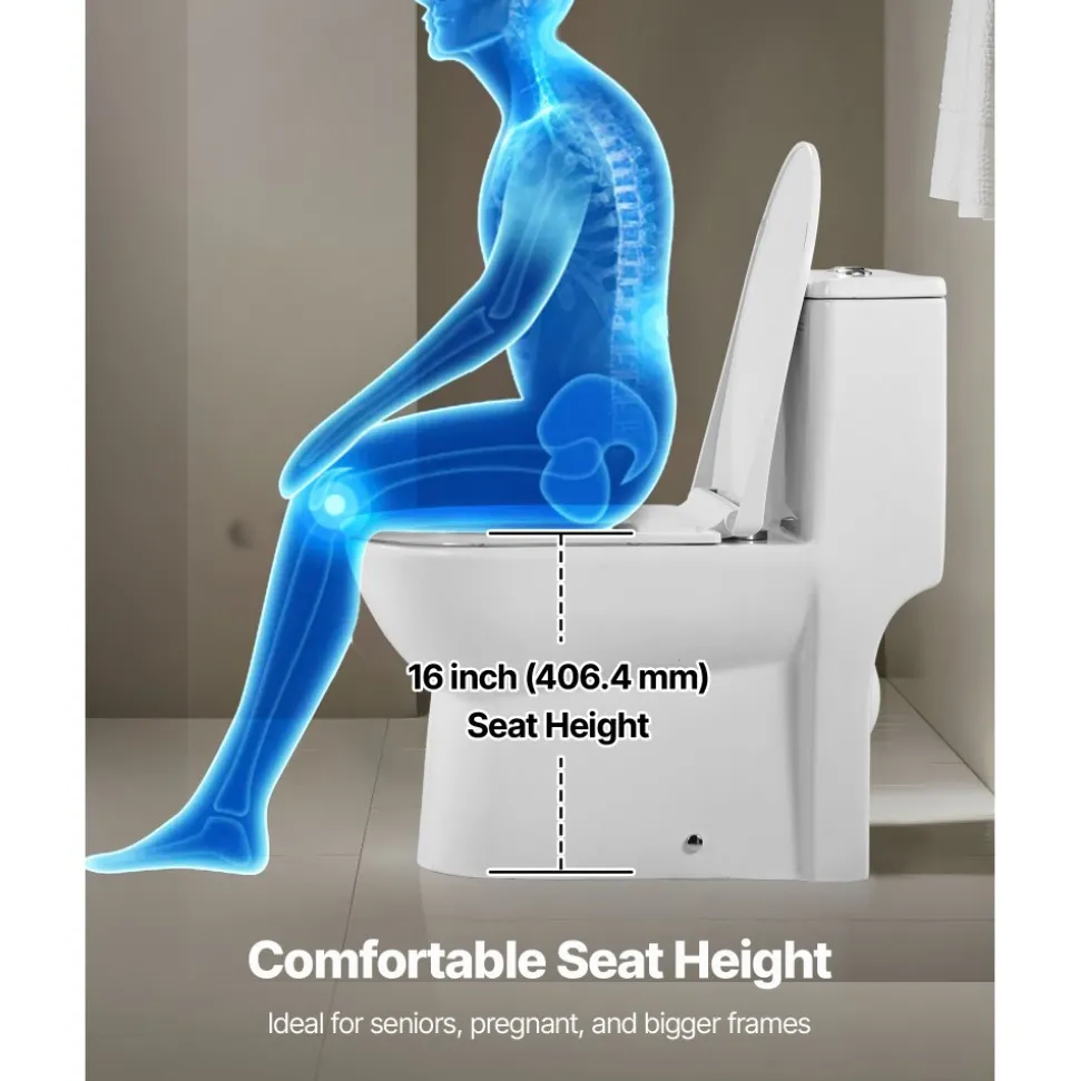 VEVOR One-Piece Toilet, Elongated Toilet Vortex Dual-Flush 1.1/1.6 GPF, Toilets for Bathroom with Comfortable Chair Seat, Standard Height, Easy-Clean Skirted Design, 12 inch Rough-In, White + Silver