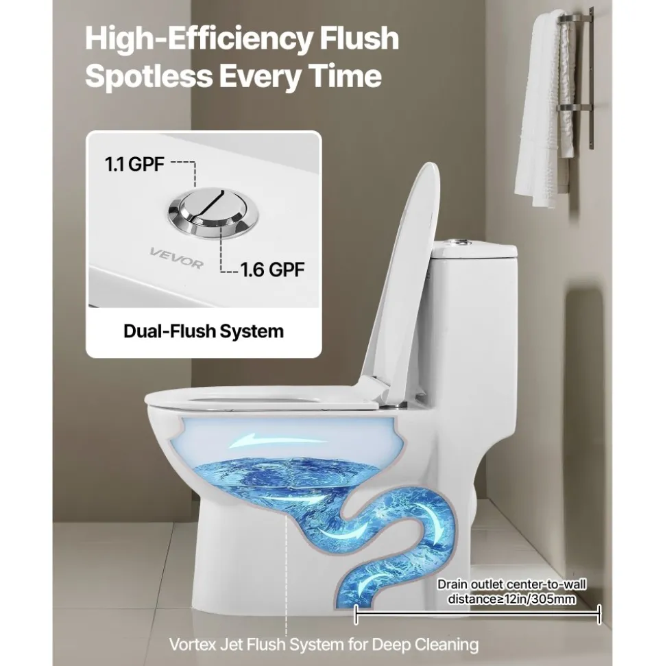 VEVOR One-Piece Toilet, Elongated Toilet Vortex Dual-Flush 1.1/1.6 GPF, Toilets for Bathroom with Comfortable Chair Seat, Standard Height, Easy-Clean Skirted Design, 12 inch Rough-In, White + Silver