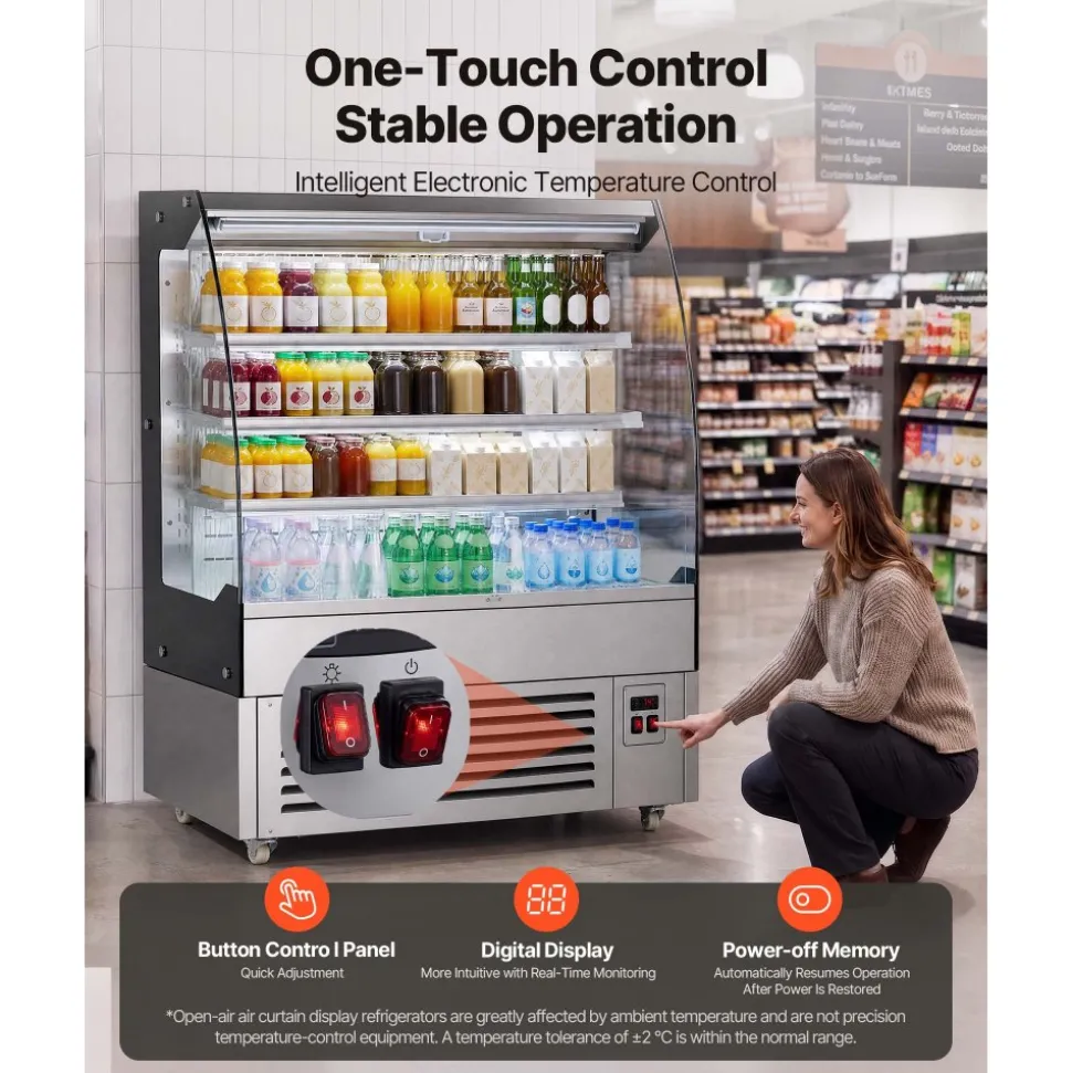 VEVOR Open Air Merchandiser, 7.5 cu. ft. 3-Tier Shelving Commercial Refrigerator, Grab and Go Fan Cooling Display Cooler, with LED Lighting, Night Curtain, Upright for Restaurants, Stores, Office