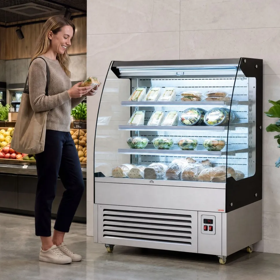 VEVOR Open Air Merchandiser, 7.5 cu. ft. 3-Tier Shelving Commercial Refrigerator, Grab and Go Fan Cooling Display Cooler, with LED Lighting, Night Curtain, Upright for Restaurants, Stores, Office