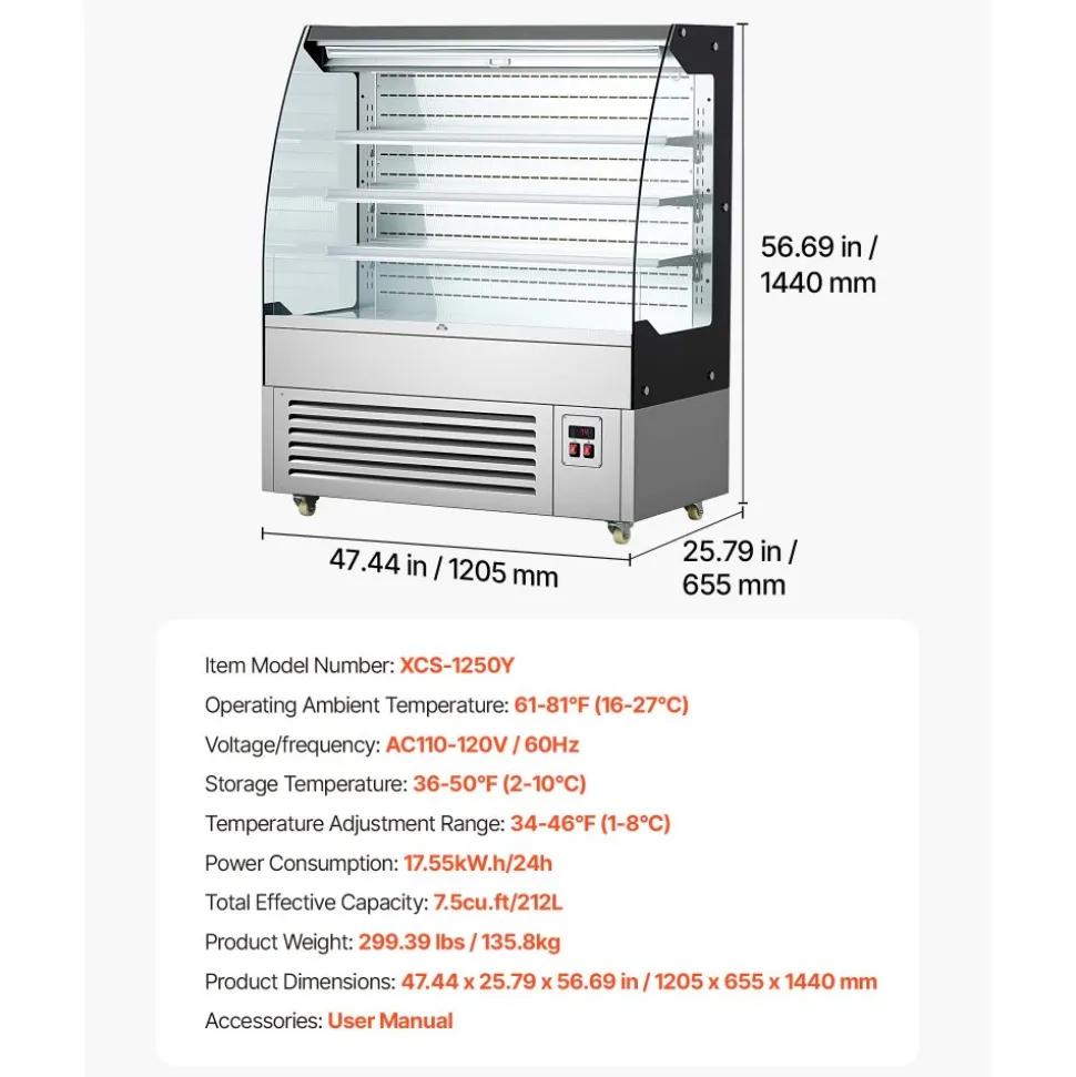 VEVOR Open Air Merchandiser, 7.5 cu. ft. 3-Tier Shelving Commercial Refrigerator, Grab and Go Fan Cooling Display Cooler, with LED Lighting, Night Curtain, Upright for Restaurants, Stores, Office