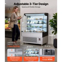 VEVOR Open Air Merchandiser, 7.5 cu. ft. 3-Tier Shelving Commercial Refrigerator, Grab and Go Fan Cooling Display Cooler, with LED Lighting, Night Curtain, Upright for Restaurants, Stores, Office