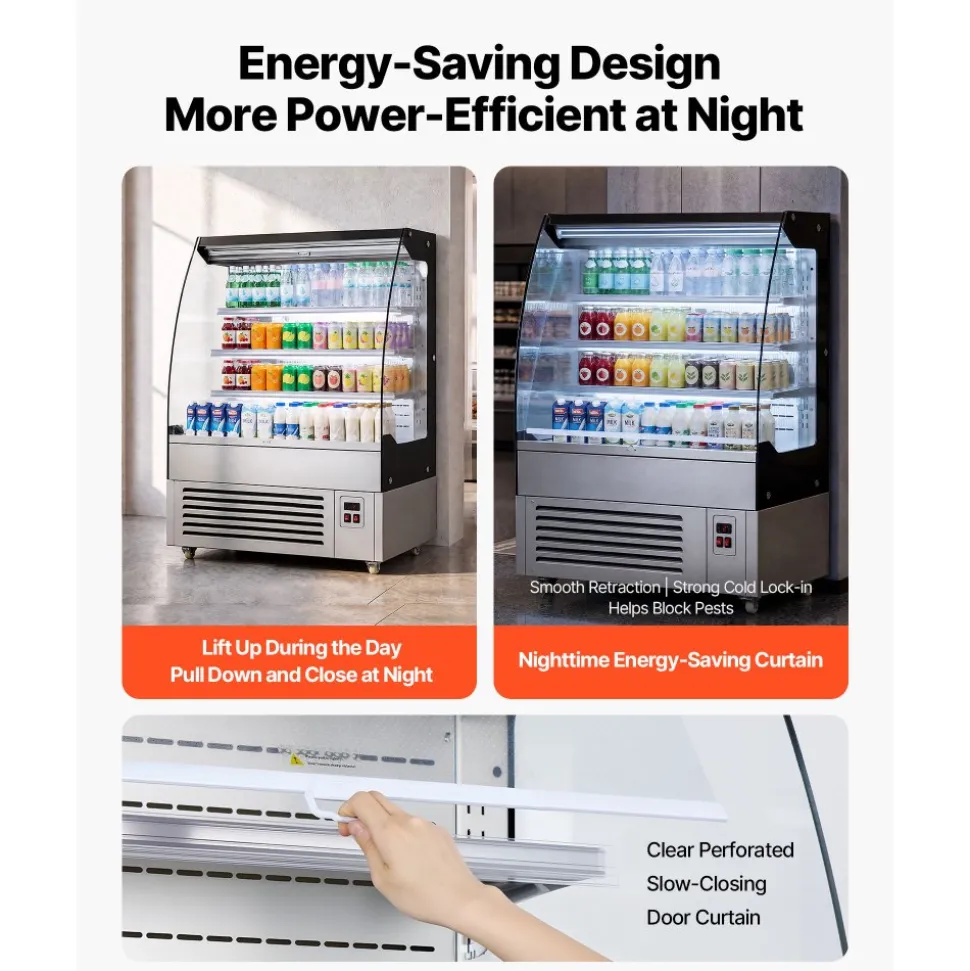 VEVOR Open Air Merchandiser, 7.5 cu. ft. 3-Tier Shelving Commercial Refrigerator, Grab and Go Fan Cooling Display Cooler, with LED Lighting, Night Curtain, Upright for Restaurants, Stores, Office
