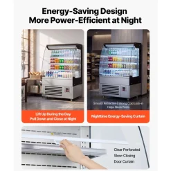 VEVOR Open Air Merchandiser, 5.4 cu. ft. 3-Tier Shelving Commercial Refrigerator, Grab and Go Fan Cooling Display Cooler, with LED Lighting, Night Curtain, Upright for Restaurants, Stores, Office