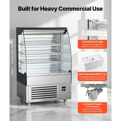 VEVOR Open Air Merchandiser, 5.4 cu. ft. 3-Tier Shelving Commercial Refrigerator, Grab and Go Fan Cooling Display Cooler, with LED Lighting, Night Curtain, Upright for Restaurants, Stores, Office