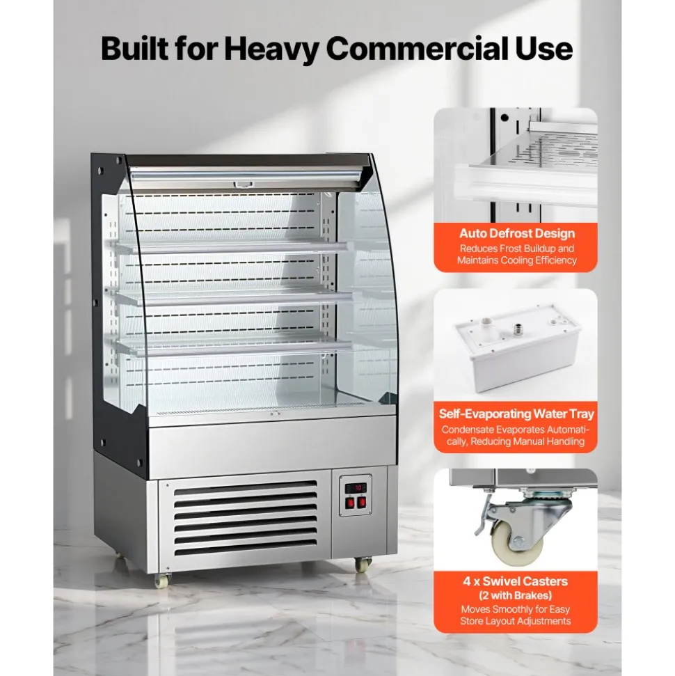 VEVOR Open Air Merchandiser, 5.4 cu. ft. 3-Tier Shelving Commercial Refrigerator, Grab and Go Fan Cooling Display Cooler, with LED Lighting, Night Curtain, Upright for Restaurants, Stores, Office