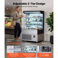 VEVOR Open Air Merchandiser, 5.4 cu. ft. 3-Tier Shelving Commercial Refrigerator, Grab and Go Fan Cooling Display Cooler, with LED Lighting, Night Curtain, Upright for Restaurants, Stores, Office