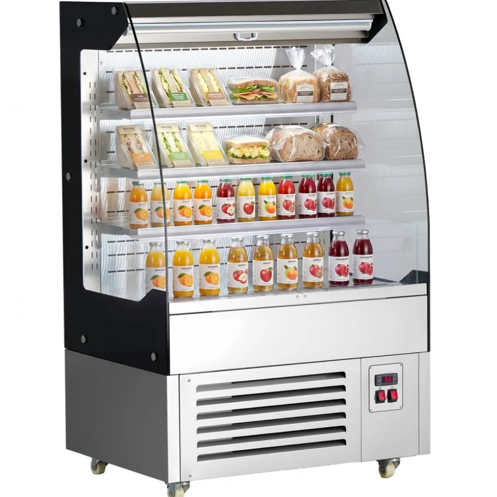 VEVOR Open Air Merchandiser, 5.4 cu. ft. 3-Tier Shelving Commercial Refrigerator, Grab and Go Fan Cooling Display Cooler, with LED Lighting, Night Curtain, Upright for Restaurants, Stores, Office