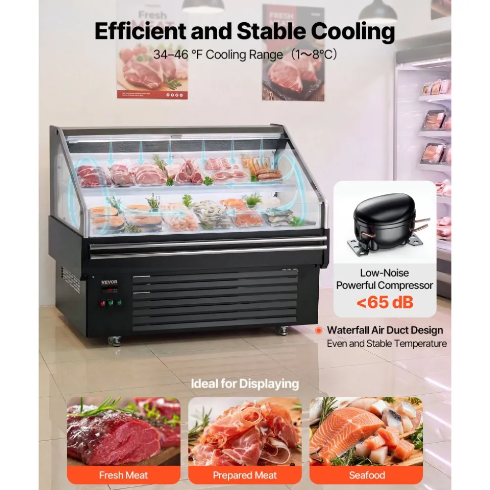 VEVOR Open Air Merchandiser, 4.6 cu. ft. Shelving Commercial Refrigerator, Grab and Go Fan Cooling Display Cooler, with LED Lighting, Night Curtain, Horizontal for Restaurants, Stores, Office