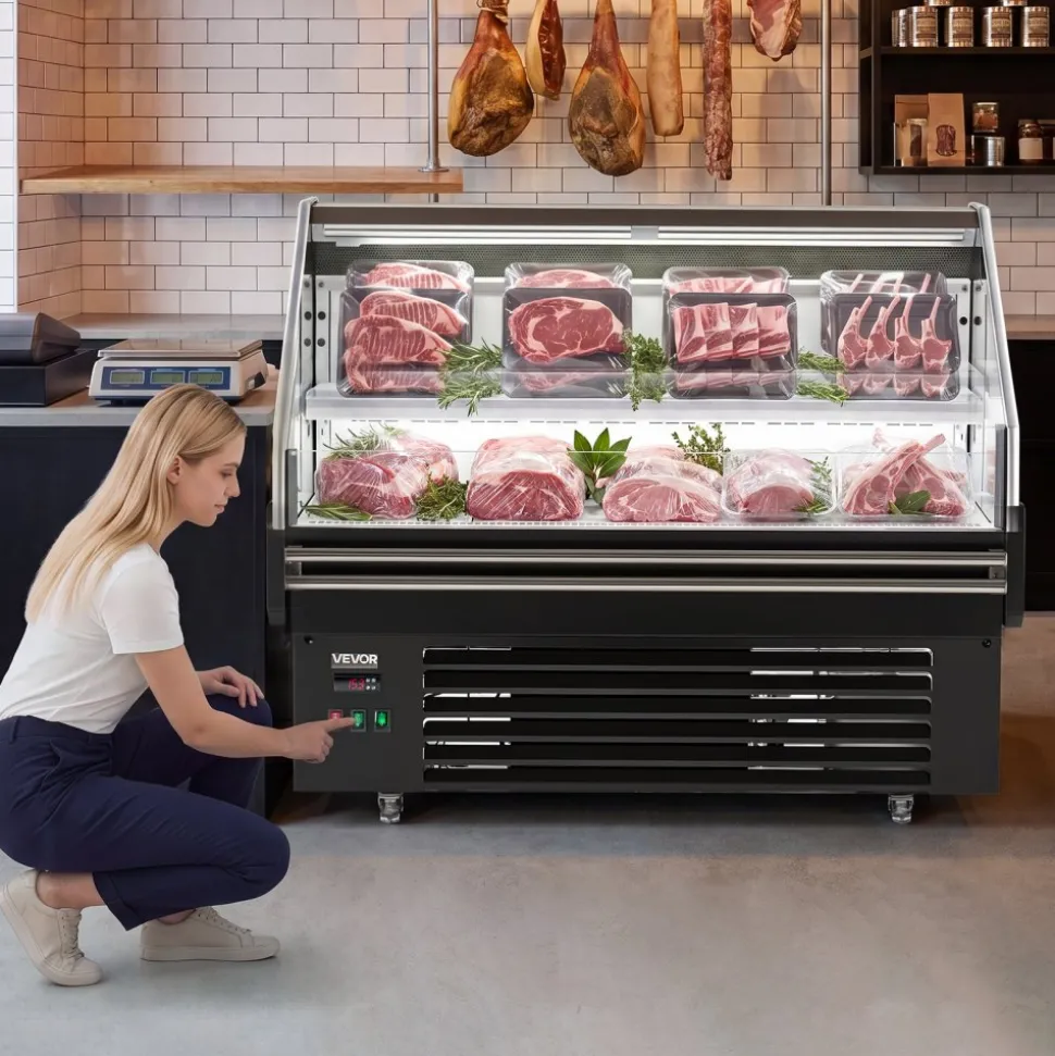 VEVOR Open Air Merchandiser, 4.6 cu. ft. Shelving Commercial Refrigerator, Grab and Go Fan Cooling Display Cooler, with LED Lighting, Night Curtain, Horizontal for Restaurants, Stores, Office