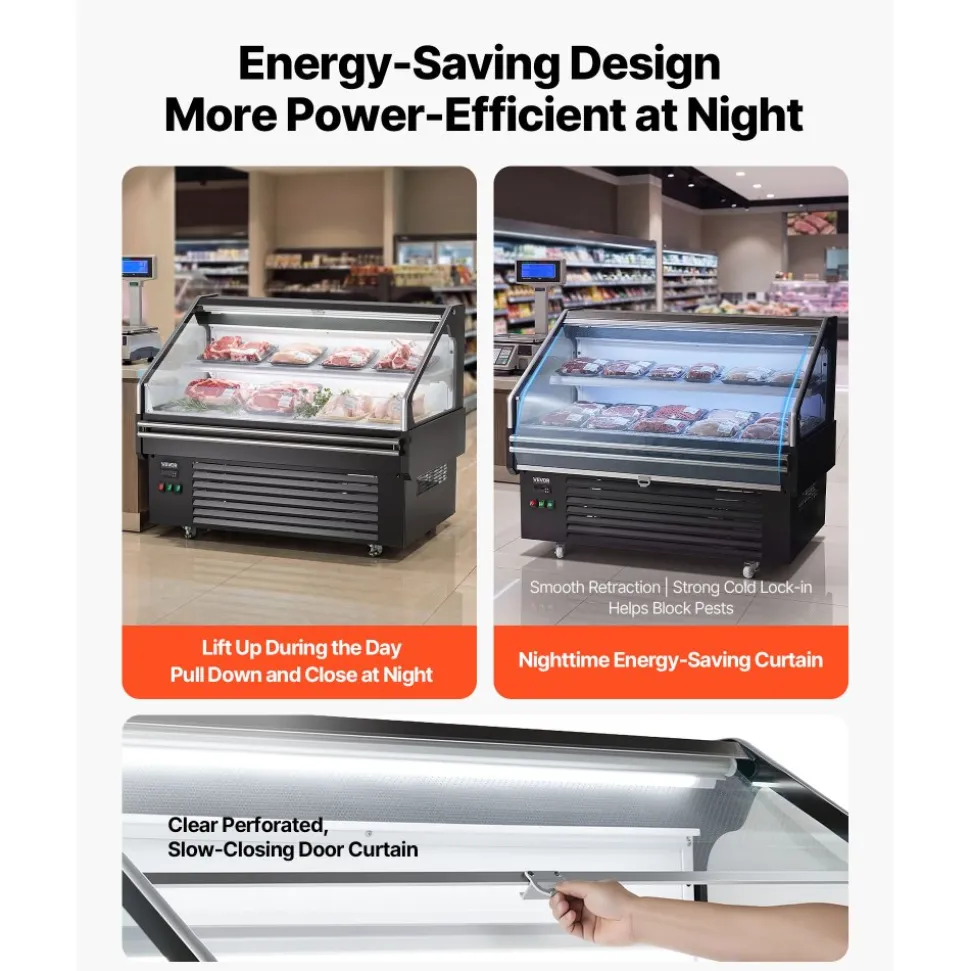 VEVOR Open Air Merchandiser, 4.6 cu. ft. Shelving Commercial Refrigerator, Grab and Go Fan Cooling Display Cooler, with LED Lighting, Night Curtain, Horizontal for Restaurants, Stores, Office