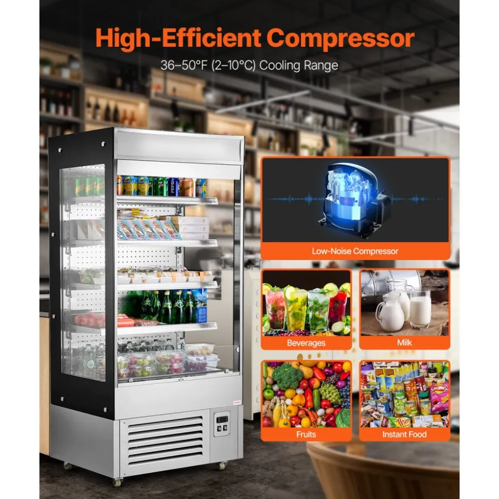 VEVOR Open Air Merchandiser, 4-Tier Shelving Commercial Refrigerator, Grab and Go Display Cooler Refrigerator with Air Curtain, LED Advertising Light, Fits for Restaurants, Stores, Office, 18.4cu.ft.