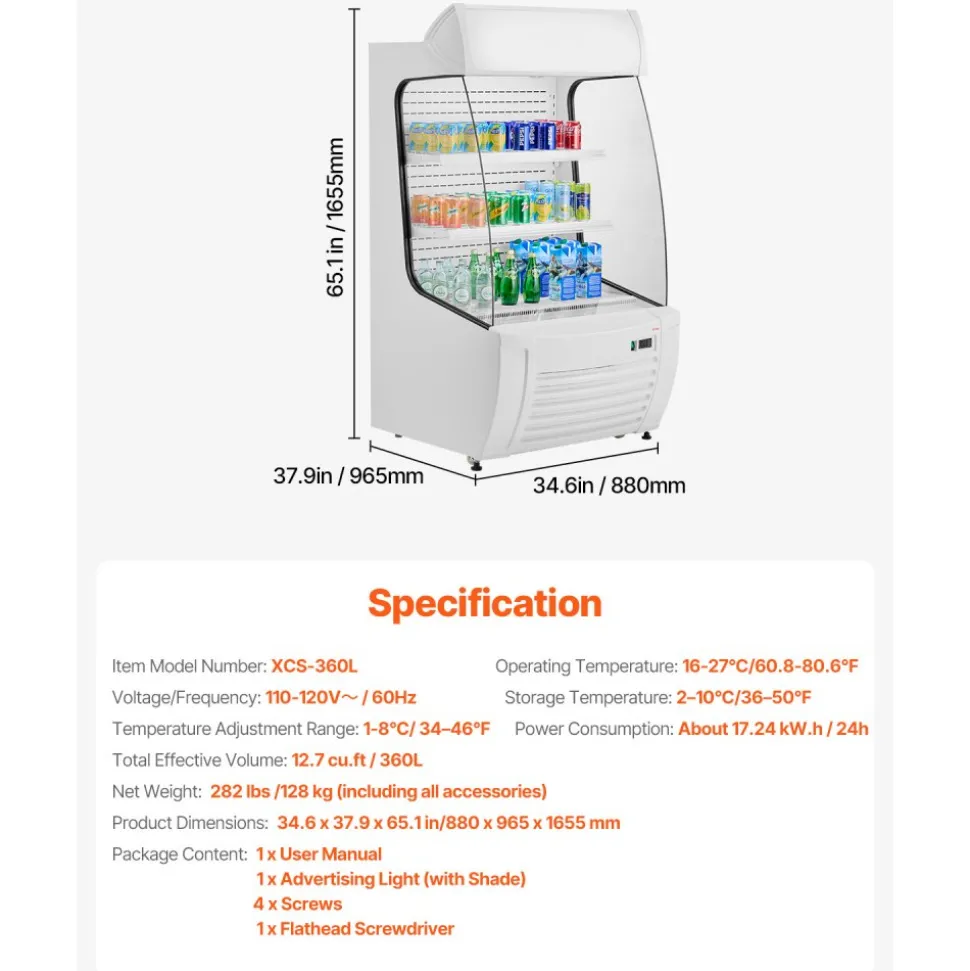 VEVOR Open Air Merchandiser, 2-Tier Shelving Commercial Refrigerator, Grab and Go Display Cooler Refrigerator with Air Curtain, LED Advertising Light, Fits for Restaurants, Stores, Office, 12.7cu.ft.