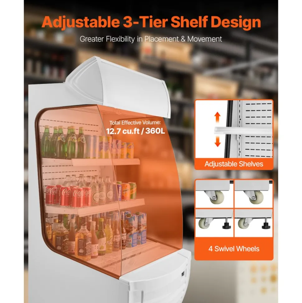 VEVOR Open Air Merchandiser, 2-Tier Shelving Commercial Refrigerator, Grab and Go Display Cooler Refrigerator with Air Curtain, LED Advertising Light, Fits for Restaurants, Stores, Office, 12.7cu.ft.