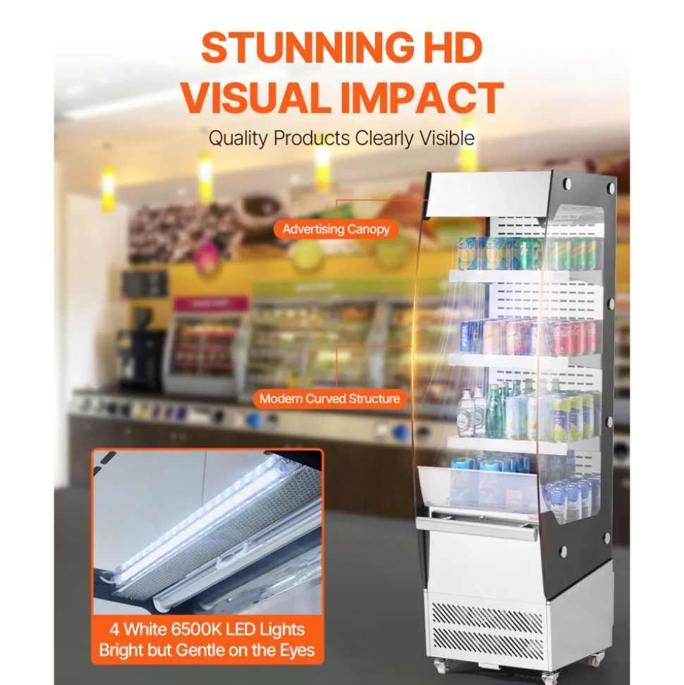 VEVOR Open Air Merchandiser, 3-Tier Shelving Commercial Refrigerator, Grab and Go Display Cooler Refrigerator with Air Curtain, 4 Swivel Wheels, LED Light, for Restaurants, Stores, Office, 7.8cu.ft.