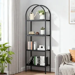 VEVOR Open Bookshelf, 4-Tier, Arched Bookcase Storage Shelves with Metal Frame, Industrial Metal Book Organizer, Freestanding Display Rack Tall Shelving Unit, for Office, Bedroom, Living Room, Black