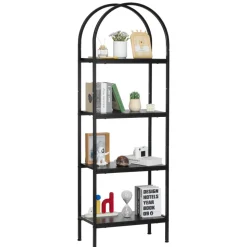 VEVOR Open Bookshelf, 4-Tier, Arched Bookcase Storage Shelves with Metal Frame, Industrial Metal Book Organizer, Freestanding Display Rack Tall Shelving Unit, for Office, Bedroom, Living Room, Black