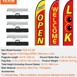 VEVOR Open Flags with Pole Kit, Advertising Flags for Business Outside, Advertising Feather Flag Kit, 3 Flags (Open, Look, Welcome), 3 Poles, 3 Ground Stakes, Swooper Flags for Businesses 16.3 FT