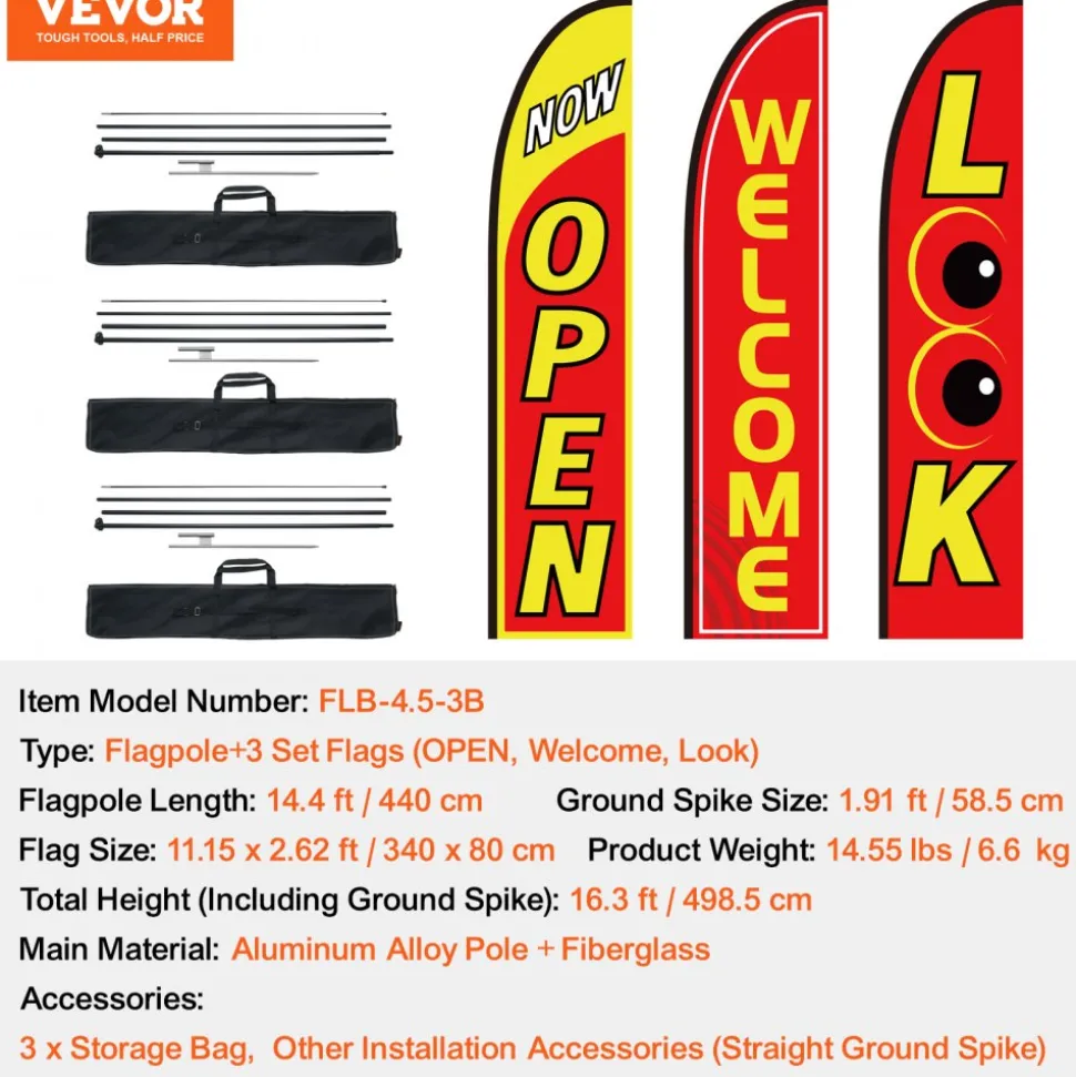 VEVOR Open Flags with Pole Kit, Advertising Flags for Business Outside, Advertising Feather Flag Kit, 3 Flags (Open, Look, Welcome), 3 Poles, 3 Ground Stakes, Swooper Flags for Businesses 16.3 FT