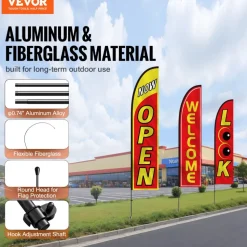 VEVOR Open Flags with Pole Kit, Advertising Flags for Business Outside, Advertising Feather Flag Kit, 3 Flags (Open, Look, Welcome), 3 Poles, 3 Ground Stakes, Swooper Flags for Businesses 16.3 FT