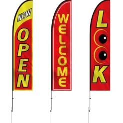 VEVOR Open Flags with Pole Kit, Advertising Flags for Business Outside, Advertising Feather Flag Kit, 3 Flags (Open, Look, Welcome), 3 Poles, 3 Ground Stakes, Swooper Flags for Businesses 16.3 FT