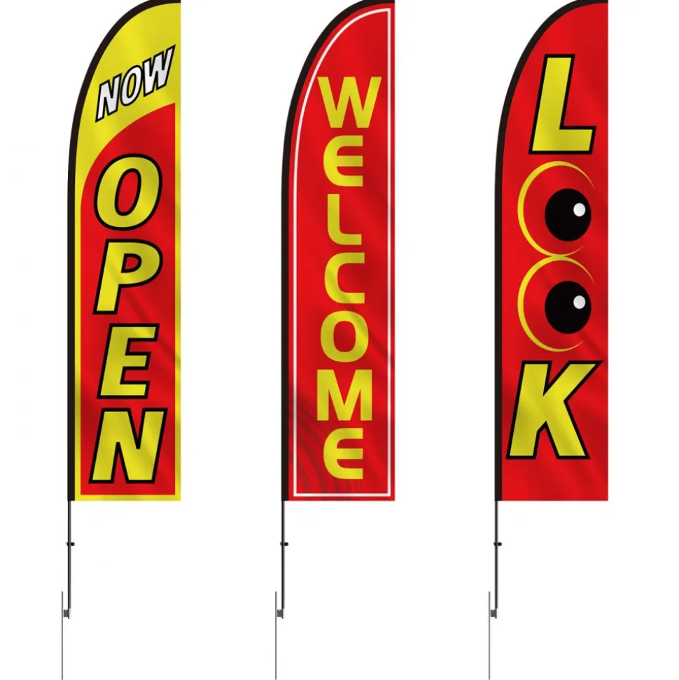 VEVOR Open Flags with Pole Kit, Advertising Flags for Business Outside, Advertising Feather Flag Kit, 3 Flags (Open, Look, Welcome), 3 Poles, 3 Ground Stakes, Swooper Flags for Businesses 16.3 FT