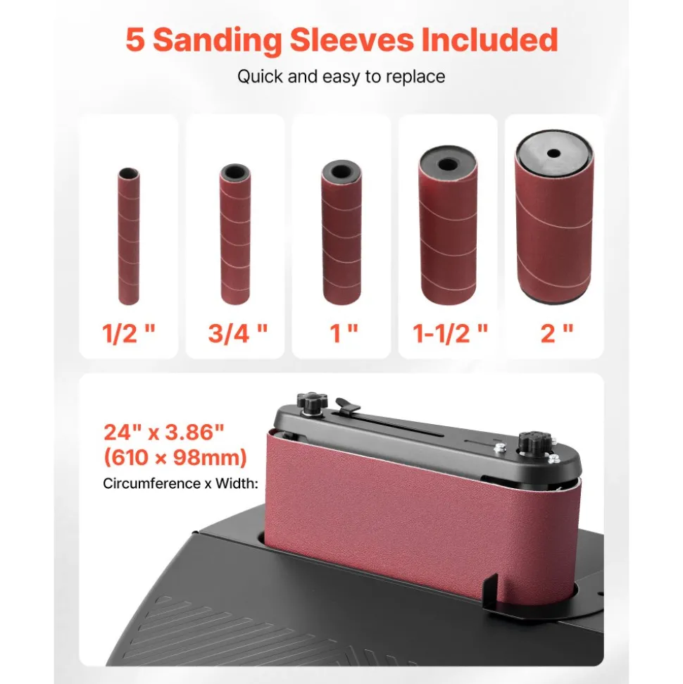 VEVOR Oscillating Belt and Spindle Sander, 2400RPM Benchtop Spindle Sander with 5/8" Stroke, 5 Sleeves (1/2" - 2") & 24" x 3.86" Sanding Belt for Woodworking, Furniture Finishing, DIY Projects