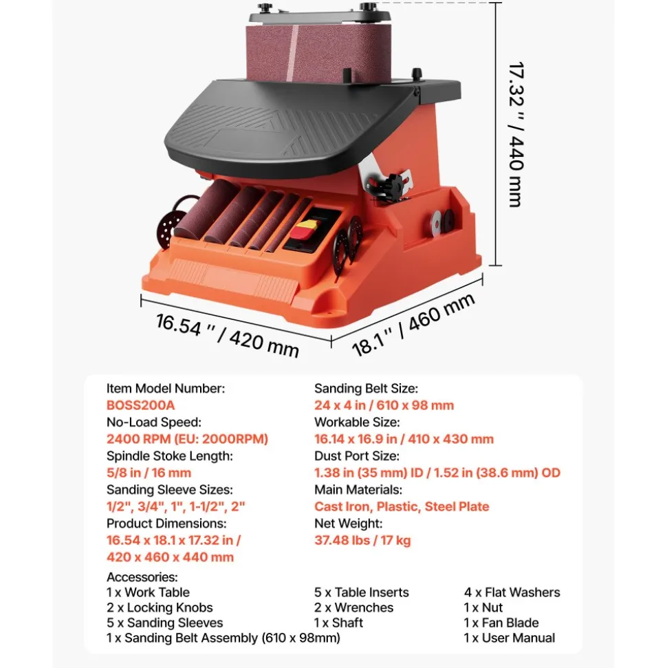 VEVOR Oscillating Belt and Spindle Sander, 2400RPM Benchtop Spindle Sander with 5/8" Stroke, 5 Sleeves (1/2" - 2") & 24" x 3.86" Sanding Belt for Woodworking, Furniture Finishing, DIY Projects