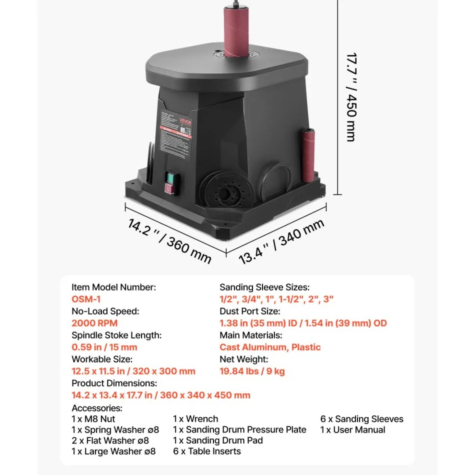 VEVOR Oscillating Spindle Sander, 2000RPM Benchtop Spindle Sander with 6 Sleeves (1/2"-3"), 0.59" Stroke & Dust Connection Port for Furniture Finishing, Crafts Sanding, DIY Woodworking